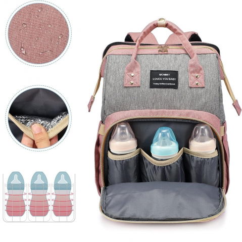Rucsac multifunctional pentru mamici, din panza oxford, compartimentare multipla, impermeabil, 43 x 18 x 26 cm, roz/gri [3]