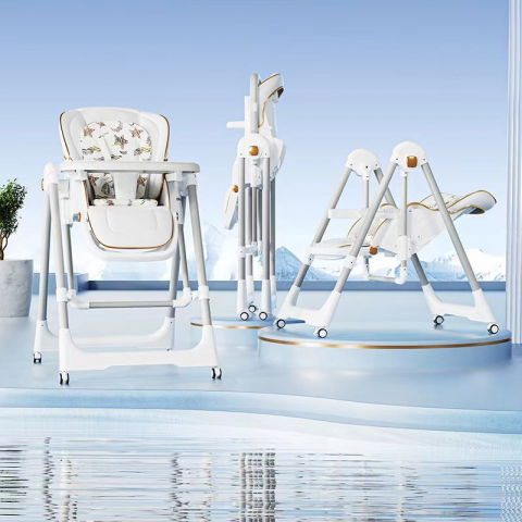 Scaun de masa 2in1, pentru copii 6 luni - 4 ani, pliabil, cu roti, balansoar, leagan, reglabil, tava de masa dubla, centura in 5 puncte, 96 x 56 x 76 cm, alb [4]