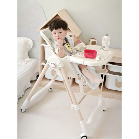 Scaun de masa 2in1, pentru copii 6 luni - 4 ani, pliabil, cu roti, balansoar, leagan, reglabil, tava de masa dubla, centura in 5 puncte, 96 x 56 x 76 cm, sampanie [5]