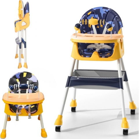 Scaun de masa 2in1, pentru copii de la 6 luni - 5 ani, inaltime reglabila, centura in 5 puncte, tava de masa, roti cu frana, cos depozitare, jucarie inclusa, 94 x 78 x 60 cm, albastru/galben [1]