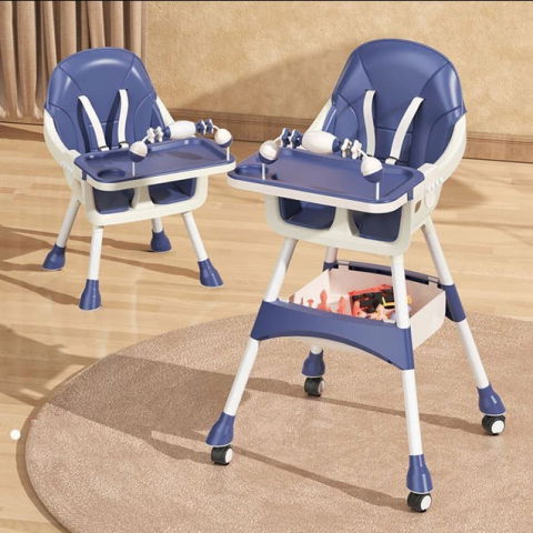 Scaun de masa 2in1, pentru copii de la 6 luni - 5 ani, inaltime reglabila, centura in 5 puncte, tava de masa, roti cu frana, cos depozitare, jucarie inclusa, 94 x 78 x 60 cm, albastru/alb [4]