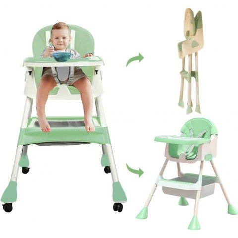 Scaun de masa 2in1, pentru copii de la 6 luni - 5 ani, inaltime reglabila, centura in 5 puncte, tava de masa, roti cu frana, cos depozitare, jucarie inclusa, 94 x 78 x 60 cm, verde [2]