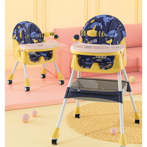 Scaun de masa 2in1, pentru copii de la 6 luni - 5 ani, inaltime reglabila, centura in 5 puncte, tava de masa, roti cu frana, cos depozitare, jucarie inclusa, 94 x 78 x 60 cm, albastru/galben [2]