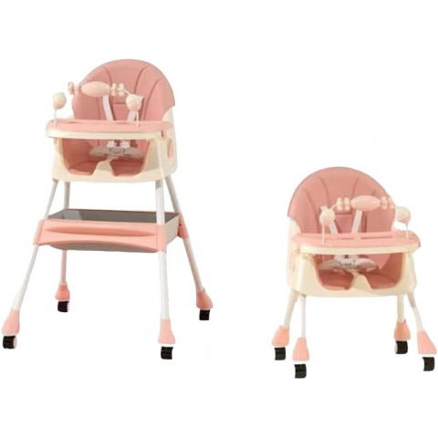 Scaun de masa 2in1, pentru copii de la 6 luni - 5 ani, inaltime reglabila, centura in 5 puncte, tava de masa, roti cu frana, cos depozitare, jucarie inclusa, 94 x 78 x 60 cm, roz [4]