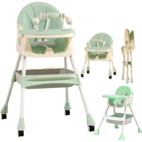Scaun de masa 2in1, pentru copii de la 6 luni - 5 ani, inaltime reglabila, centura in 5 puncte, tava de masa, roti cu frana, cos depozitare, jucarie inclusa, 94 x 78 x 60 cm, verde [3]