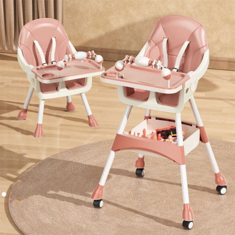 Scaun de masa 2in1, pentru copii de la 6 luni - 5 ani, inaltime reglabila, centura in 5 puncte, tava de masa, roti cu frana, cos depozitare, jucarie inclusa, 94 x 78 x 60 cm, roz [1]