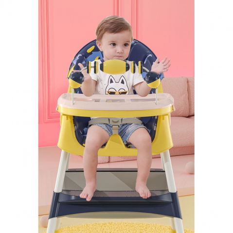 Scaun de masa 2in1, pentru copii de la 6 luni - 5 ani, inaltime reglabila, centura in 5 puncte, tava de masa, roti cu frana, cos depozitare, jucarie inclusa, 94 x 78 x 60 cm, albastru/galben [4]