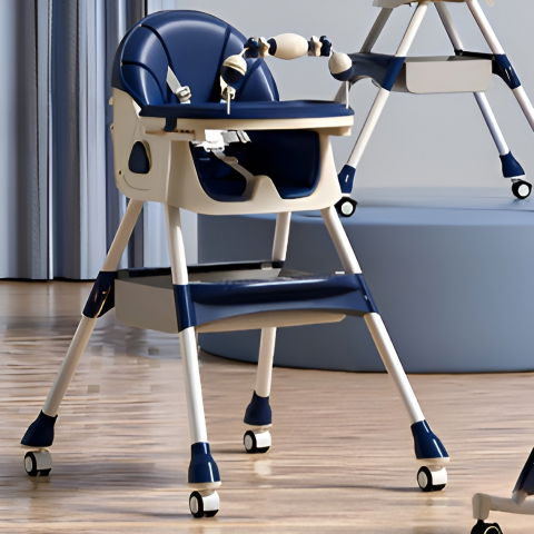 Scaun de masa pe roti pentru copii, 2 tavite si husa detasabile, multifuncțional, stabil, centura de siguranta, spatar reglabil moale, balansoar, cos de depozitare, de la 6 luni, albastru [3]