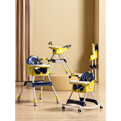 Scaun de masa pe roti pentru copii, 2 tavite si husa detasabile, multifuncțional, stabil, centura de siguranta, spatar reglabil moale, balansoar, cos de depozitare, de la 6 luni, galben [2]