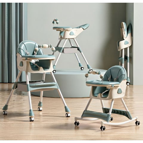 Scaun de masa pe roti pentru copii, 2 tavite si husa detasabile, multifuncțional, stabil, centura de siguranta, spatar reglabil moale, balansoar, cos de depozitare, de la 6 luni, verde [1]