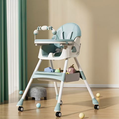 Scaun de masa pe roti pentru copii, 2 tavite si husa detasabile, multifuncțional, stabil, centura de siguranta, spatar reglabil moale, balansoar, cos de depozitare, de la 6 luni, verde [2]