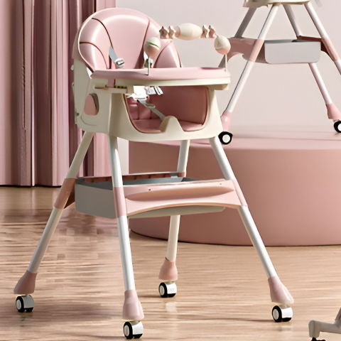 Scaun de masa pe roti pentru copii, 2 tavite si husa detasabile, multifuncțional, stabil, centura de siguranta, spatar reglabil moale, balansoar, cos de depozitare, de la 6 luni, roz [3]