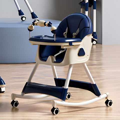 Scaun de masa pe roti pentru copii, 2 tavite si husa detasabile, multifuncțional, stabil, centura de siguranta, spatar reglabil moale, balansoar, cos de depozitare, de la 6 luni, albastru [2]
