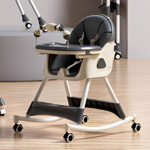 Scaun de masa pe roti pentru copii, 2 tavite si husa detasabile, multifuncțional, stabil, centura de siguranta, spatar reglabil moale, balansoar, cos de depozitare, de la 6 luni, gri [2]