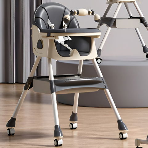 Scaun de masa pe roti pentru copii, 2 tavite si husa detasabile, multifuncțional, stabil, centura de siguranta, spatar reglabil moale, balansoar, cos de depozitare, de la 6 luni, gri [1]