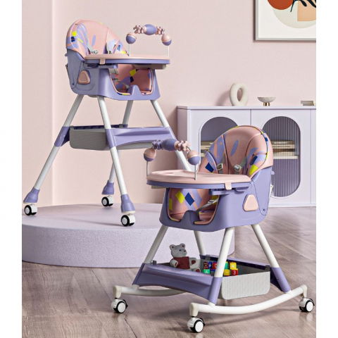 Scaun de masa pentru bebelusi si copii, 2 tavite cu jucarii si husa detasabile, multifuncțional, stabil, centura de siguranta, spatar reglabil moale, balansoar, cos de depozitare, de la 6 luni, 97x73x65cm, mov [11]