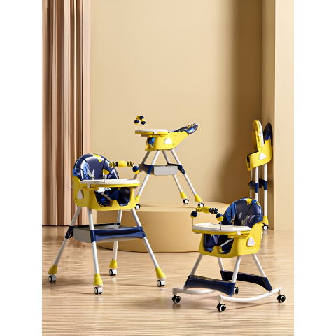 Scaun de masa pentru bebelusi si copii, 2 tavite cu jucarii si husa detasabile, multifuncțional, stabil, centura de siguranta, spatar reglabil moale, balansoar, cos de depozitare, de la 6 luni, 97x73x65cm, galben [2]