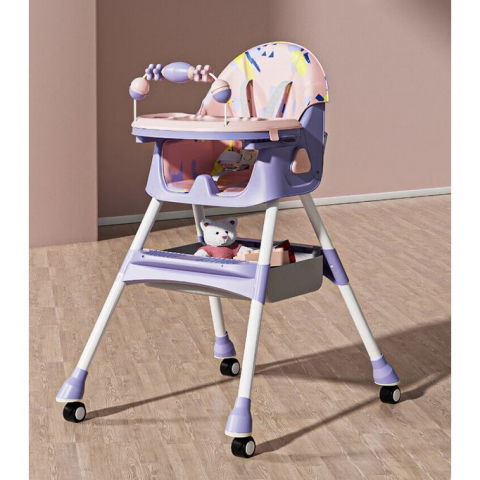 Scaun de masa pentru bebelusi si copii, 2 tavite cu jucarii si husa detasabile, multifuncțional, stabil, centura de siguranta, spatar reglabil moale, balansoar, cos de depozitare, de la 6 luni, 97x73x65cm, mov [7]