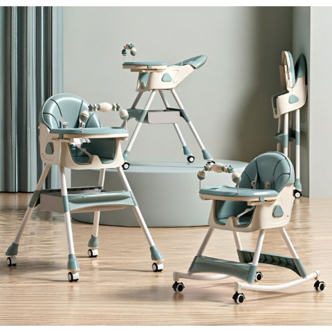 Scaun de masa pentru bebelusi si copii, 2 tavite cu jucarii si husa detasabile, multifuncțional, stabil, centura de siguranta, spatar reglabil moale, balansoar, cos de depozitare, de la 6 luni, 97x73x65cm, turcoaz [4]