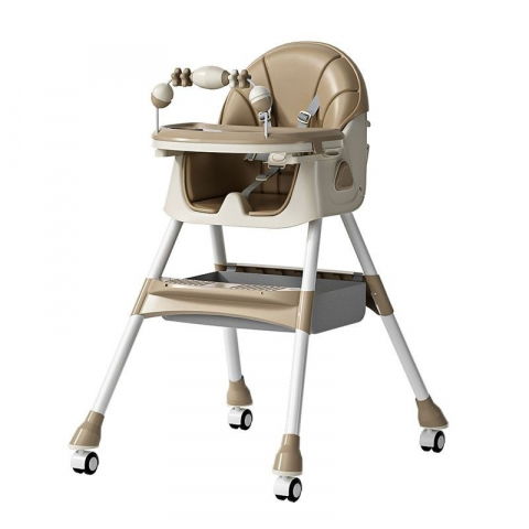 Scaune, seturi de masă și accesorii bebeluși - Scaun de masa pentru bebelusi si copii, 2 tavite cu jucarii si husa detasabile, multifuncțional, stabil, centura de siguranta, spatar reglabil moale, balansoar, cos de depozitare, de la 6 luni, 97x73x65cm, crem