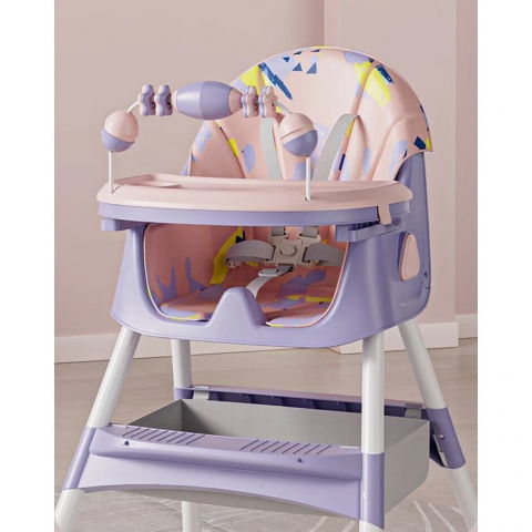 Scaun de masa pentru bebelusi si copii, 2 tavite cu jucarii si husa detasabile, multifuncțional, stabil, centura de siguranta, spatar reglabil moale, balansoar, cos de depozitare, de la 6 luni, 97x73x65cm, mov [5]