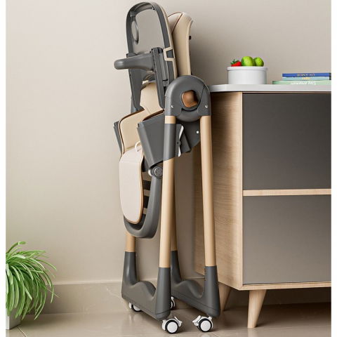 Scaun de masa pentru bebelusi si copii, 2 tavite si husa detasabile, multifuncțional, stabil, centura de siguranta, inaltime ajustabila, spatar reglabil moale, cos de depozitare, 100x50x80cm, de la 6 luni, crem [9]