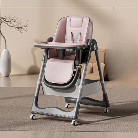 Scaun de masa pentru bebelusi si copii, 2 tavite si husa detasabile, multifuncțional, stabil, centura de siguranta, inaltime ajustabila, spatar reglabil moale, cos de depozitare, 100x50x80cm, de la 6 luni, roz [2]