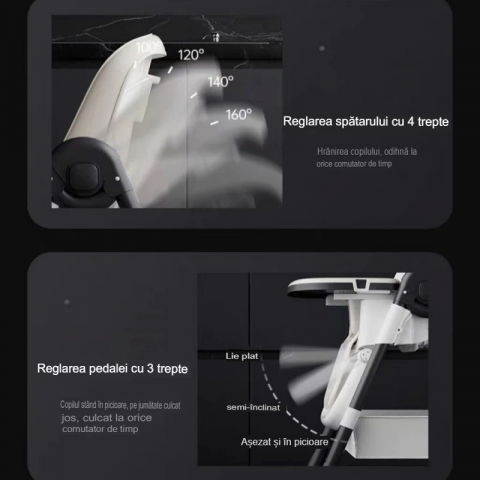 Scaun de masa pentru bebelusi si copii, 2 tavite si husa detasabile, multifuncțional, stabil, centura de siguranta, inaltime ajustabila, spatar reglabil moale, cos de depozitare, 100x50x80cm, de la 6 luni, alb [2]