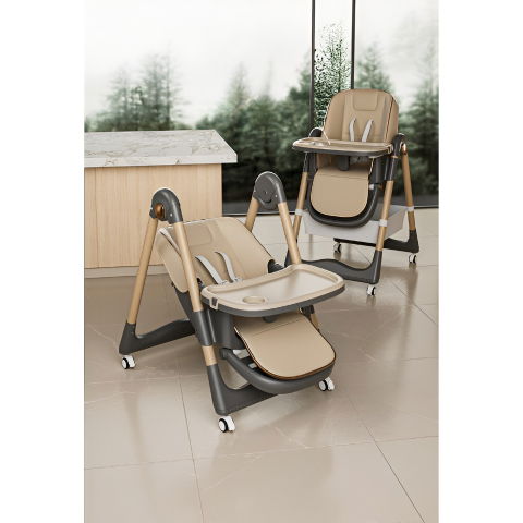 Scaun de masa pentru bebelusi si copii, 2 tavite si husa detasabile, multifuncțional, stabil, centura de siguranta, inaltime ajustabila, spatar reglabil moale, cos de depozitare, 100x50x80cm, de la 6 luni, crem [7]
