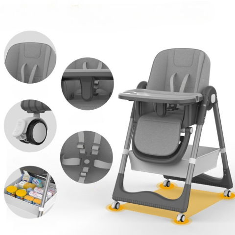 Scaun de masa pentru bebelusi si copii, 2 tavite si husa detasabile, multifuncțional, stabil, centura de siguranta, inaltime ajustabila, spatar reglabil moale, cos de depozitare, 100x50x80cm, de la 6 luni, gri [5]