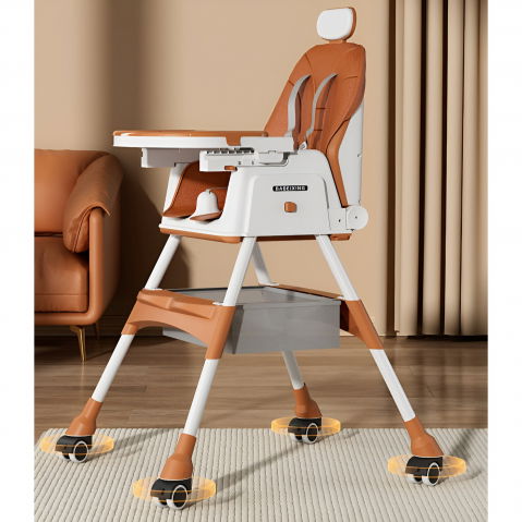 Scaun de masa pentru bebelusi si copii  cu roti, cu tetiera, telescopic, pliabil, masuta reglabila, suport picioare, scaun cu invelis piele artificiala, centura siguranta, spatiu depozitare, 97 x 73 x 65 cm, maro [5]