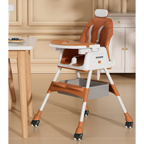 Scaun de masa pentru bebelusi si copii  cu roti, cu tetiera, telescopic, pliabil, masuta reglabila, suport picioare, scaun cu invelis piele artificiala, centura siguranta, spatiu depozitare, 97 x 73 x 65 cm, maro [1]