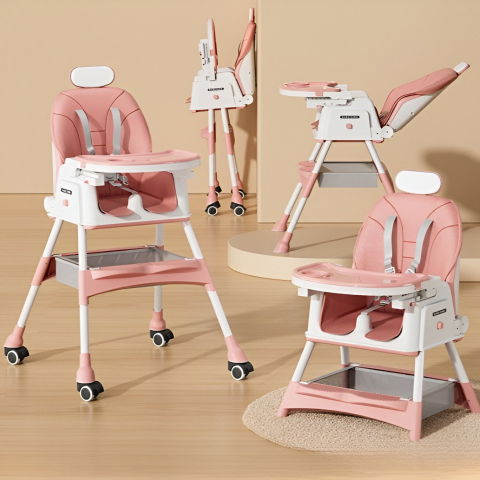 Scaun de masa pentru bebelusi si copii  cu roti, cu tetiera, telescopic, pliabil, masuta reglabila, suport picioare, scaun cu invelis piele artificiala, centura siguranta, spatiu depozitare, 97 x 73 x 65 cm, roz [5]