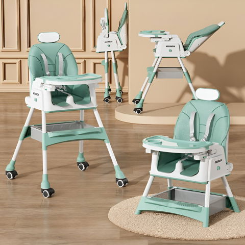 Scaun de masa pentru bebelusi si copii  cu roti, cu tetiera, telescopic, pliabil, masuta reglabila, suport picioare, scaun cu invelis piele artificiala, centura siguranta, spatiu depozitare, 97 x 73 x 65 cm, albastru [1]