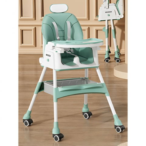 Scaun de masa pentru bebelusi si copii  cu roti, cu tetiera, telescopic, pliabil, masuta reglabila, suport picioare, scaun cu invelis piele artificiala, centura siguranta, spatiu depozitare, 97 x 73 x 65 cm, albastru [2]