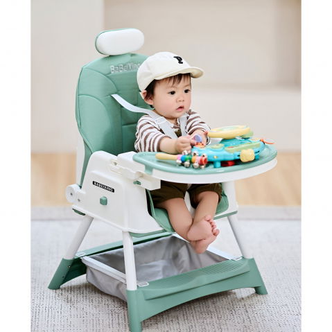 Scaun de masa pentru bebelusi si copii  cu roti, cu tetiera, telescopic, pliabil, masuta reglabila, suport picioare, scaun cu invelis piele artificiala, centura siguranta, spatiu depozitare, 97 x 73 x 65 cm, albastru [3]