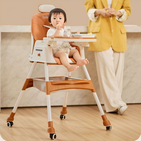 Scaun de masa pentru bebelusi si copii  cu roti, cu tetiera, telescopic, pliabil, masuta reglabila, suport picioare, scaun cu invelis piele artificiala, centura siguranta, spatiu depozitare, 97 x 73 x 65 cm, maro [7]