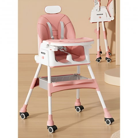 Scaun de masa pentru bebelusi si copii  cu roti, cu tetiera, telescopic, pliabil, masuta reglabila, suport picioare, scaun cu invelis piele artificiala, centura siguranta, spatiu depozitare, 97 x 73 x 65 cm, roz [4]