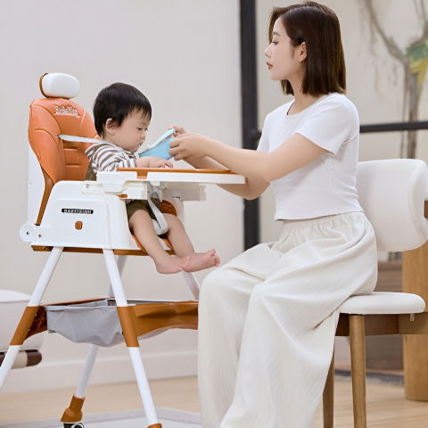 Scaun de masa pentru bebelusi si copii  cu roti, cu tetiera, telescopic, pliabil, masuta reglabila, suport picioare, scaun cu invelis piele artificiala, centura siguranta, spatiu depozitare, 97 x 73 x 65 cm, maro [3]