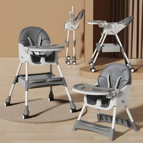 Scaun de masa pentru bebelusi si copii, cu roti, telescopic, pliabil, masuta reglabila, suport picioare, scaun cu invelis piele artificiala, centura siguranta, spatiu depozitare, 97x73x65 cm, gri [2]