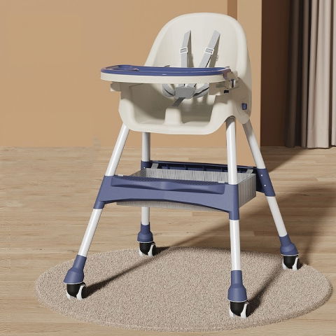 Scaun de masa pentru bebelusi si copii, cu roti, telescopic, pliabil, masuta reglabila, suport picioare, scaun cu invelis piele artificiala, centura siguranta, spatiu depozitare, 97x73x65 cm, albastru [2]