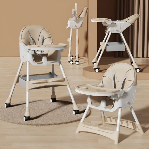 Scaun de masa pentru bebelusi si copii, cu roti, telescopic, pliabil, masuta reglabila, suport picioare, scaun cu invelis piele artificiala, centura siguranta, spatiu depozitare, 97x73x65 cm, bej [2]