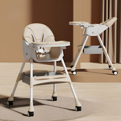 Scaun de masa pentru bebelusi si copii, cu roti, telescopic, pliabil, masuta reglabila, suport picioare, scaun cu invelis piele artificiala, centura siguranta, spatiu depozitare, 97x73x65 cm, bej [3]