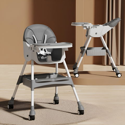 Scaun de masa pentru bebelusi si copii, cu roti, telescopic, pliabil, masuta reglabila, suport picioare, scaun cu invelis piele artificiala, centura siguranta, spatiu depozitare, 97x73x65 cm, gri [1]