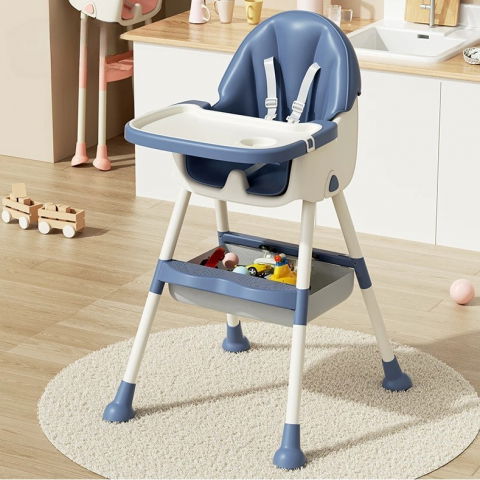 Scaun de masa pentru bebelusi si copii, cu roti, telescopic, pliabil, masuta reglabila, suport picioare, scaun cu invelis piele artificiala, centura siguranta, spatiu depozitare, 97x73x65 cm, albastru [4]