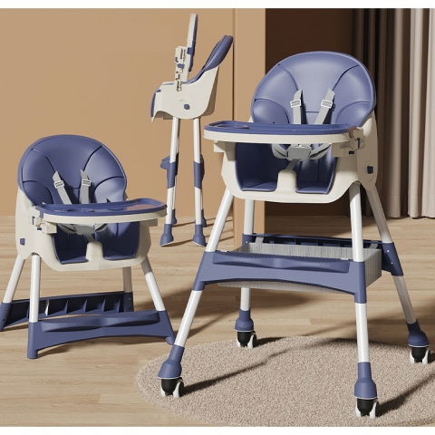 Scaun de masa pentru bebelusi si copii, cu roti, telescopic, pliabil, masuta reglabila, suport picioare, scaun cu invelis piele artificiala, centura siguranta, spatiu depozitare, 97x73x65 cm, albastru [1]