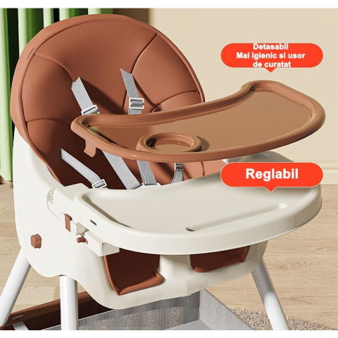 Scaun de masa pentru bebelusi si copii  cu roti, telescopic, pliabil, masuta reglabila, suport picioare, scaun invelis piele artificiala, centura siguranta, spatiu depozitare, 97 x 73 x 65 cm, maro [4]