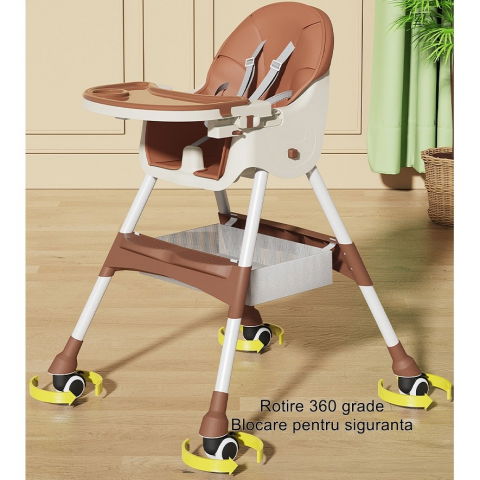 Scaun de masa pentru bebelusi si copii  cu roti, telescopic, pliabil, masuta reglabila, suport picioare, scaun invelis piele artificiala, centura siguranta, spatiu depozitare, 97 x 73 x 65 cm, maro [7]