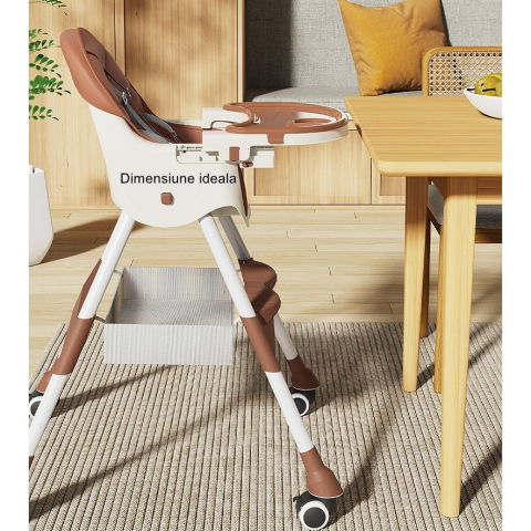 Scaun de masa pentru bebelusi si copii  cu roti, telescopic, pliabil, masuta reglabila, suport picioare, scaun invelis piele artificiala, centura siguranta, spatiu depozitare, 97 x 73 x 65 cm, maro [6]