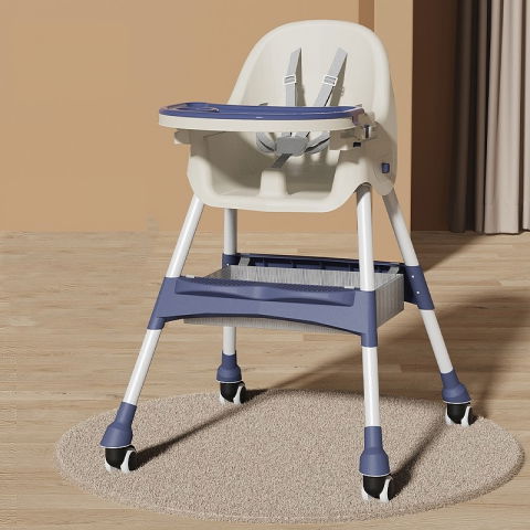 Scaun de masa pentru bebelusi si copii  cu roti, telescopic, pliabil, masuta reglabila, suport picioare, scaun invelis piele artificiala, centura siguranta, spatiu depozitare, 97 x 73 x 65 cm, albastru [4]